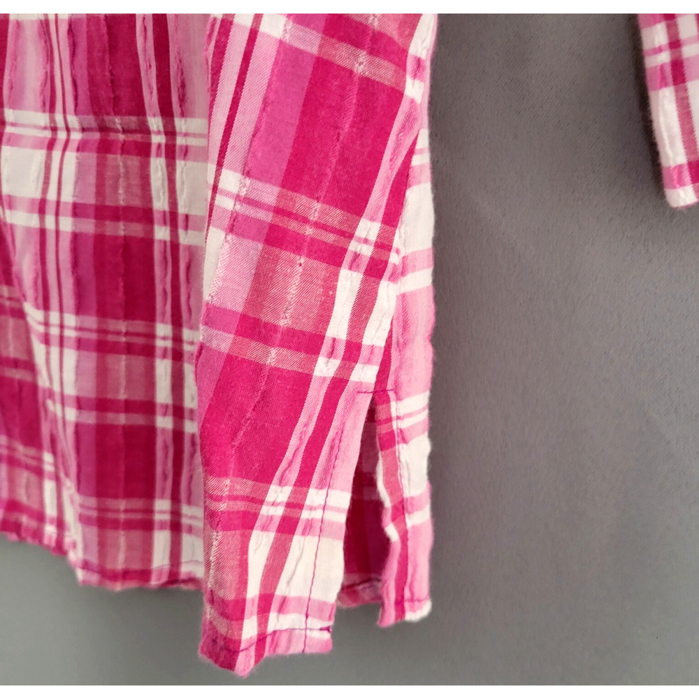 Alia Plaid Button Front Top Womens 16 Pink White Crinkle 3/4 Sleeves Casual - Picture 3 of 11